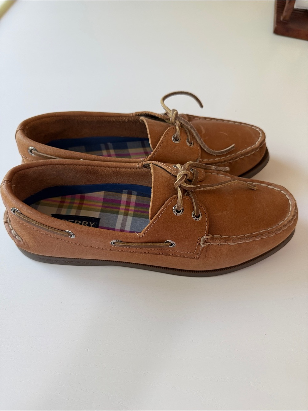 Sperry Original Tan Leather Moccasin Boat Shoes with Plaid Lining